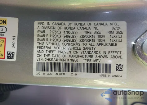 2024 Honda Cr-V Ex-L Awd z USA, uszkodzony, nr VIN 2HKRS4H70RH470930